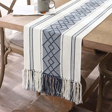 Photo 1 of LUFEIJIASHI Woven Table Runners Farmhouse Style,Boho Table Runners 108 inches Long with Tassels Elegant Washable Table Runners for Dining Room ,Wedding,Holiday,Party Table Decor (14.5x108inch, Blue)
