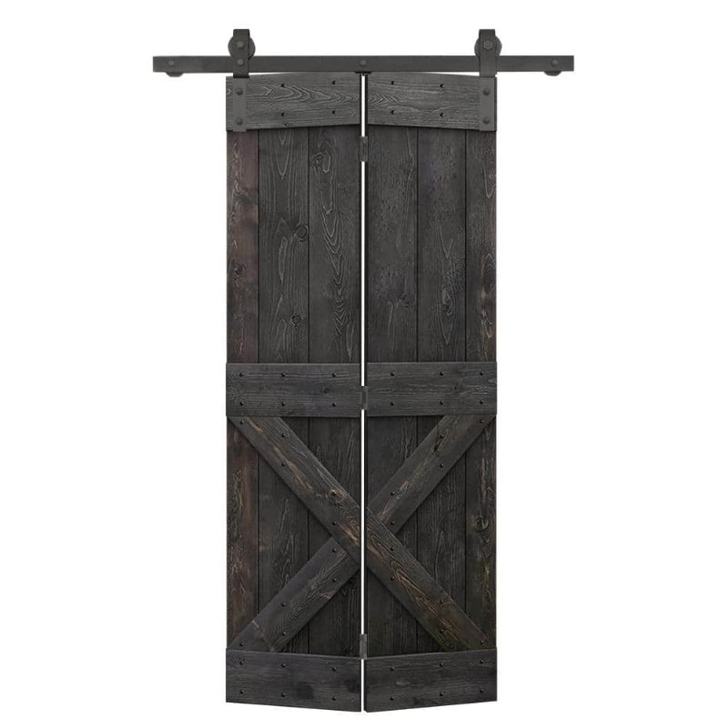 Photo 1 of 26 in. X 84 in. Mini X Series Charcoal Black Stained DIY Wood Bi-Fold Barn Door with Sliding Hardware Kit
