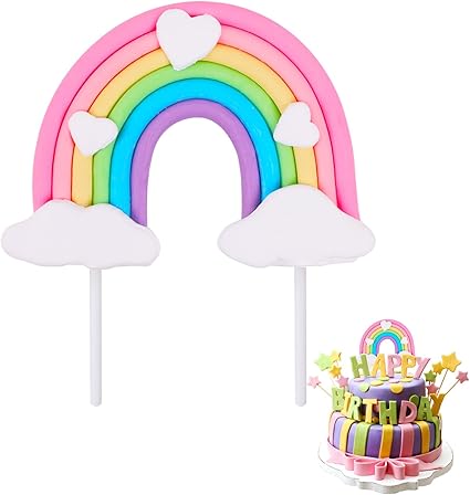 Photo 1 of Rainbow Cake Topper, Cute Colorful Cloud and Heart Rainbow Cake Decoration Natural Sky Theme Party Decorations Soft Pottery Cake Decoration Supplies for Boys Girls Happy Birthday Party Wedding
