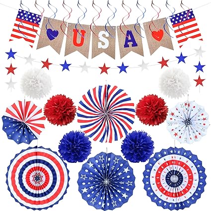 Photo 1 of 4th of July Decorations Independence Day Patriotic Decor Set - Red White Blue Paper USA Banner Flag Fans Star Streamer Pom Poms for Memorial Veterans Labor Presidents Flag Day Home Parties Accessories
