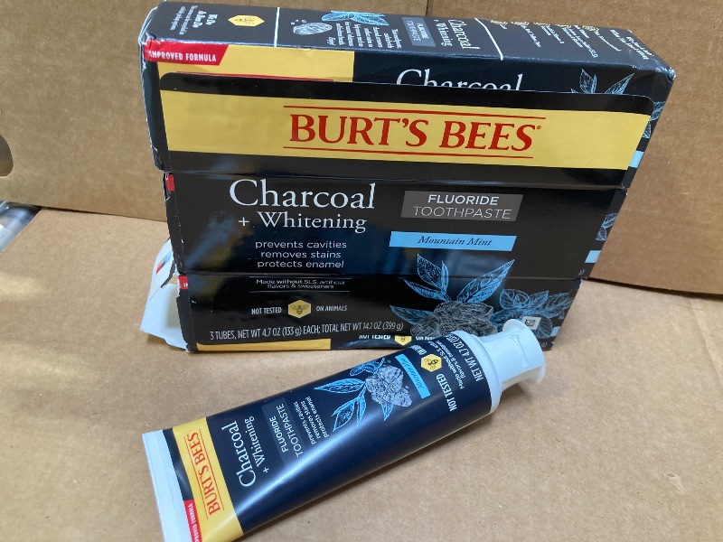 Photo 1 of Burt's Bees Toothpaste, Natural Flavor, Charcoal with Fluoride Toothpaste, Mountain Mint, 3 x 4.7oz