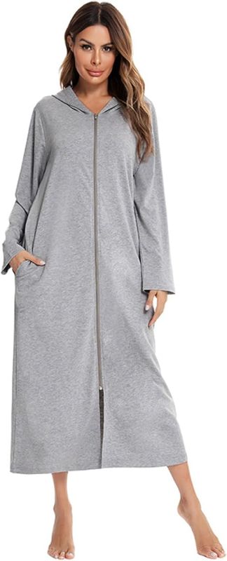 Photo 1 of L--  Womens Long Hooded Nightgown Zip Up Baggy Robes Soft Cozy Pure Sleepwear Night Dress Full Length Pajamas Loungewear
