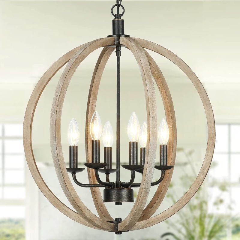 Photo 1 of Orb 6-Light Farmhouse Chandelier Brown Globe Handmade Wood Light Fixture for Dining Room, Living Room, Bedroom, Kitchen Island, Foyer, 20” Dia