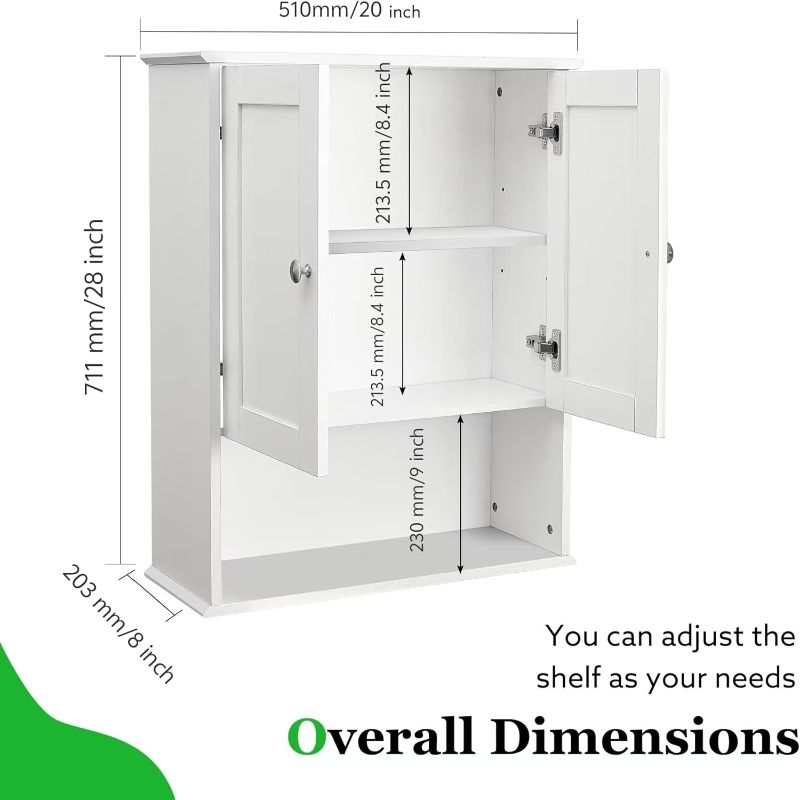 Photo 1 of Bathroom Cabinet Wall Mounted Over Toilet Storage Cabinet 20x28 Inch White Wood Wall Space Saver Medicine Cabinets for Bathroom Storage with Adjustable Shelf, 2 Doors, Soft Hinge
