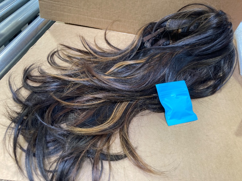 Photo 1 of Allbell Brown Wigs Long Black Wigs for Black Women Straight Dark Brown Hair Wigs with Blonde Highlights Long Middle Part Wig Fiber Synthetic Wig For Girl Party Use