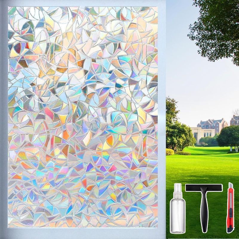 Photo 1 of Rainbow Window Privacy Film Decorative, Stained Glass Window Tint for Home, 3D Decals Window Clings for Glass Windows, Static Cling Window Sticker, Suncatcher Window Cover, 45.2 Inch x 157.4 Inch
