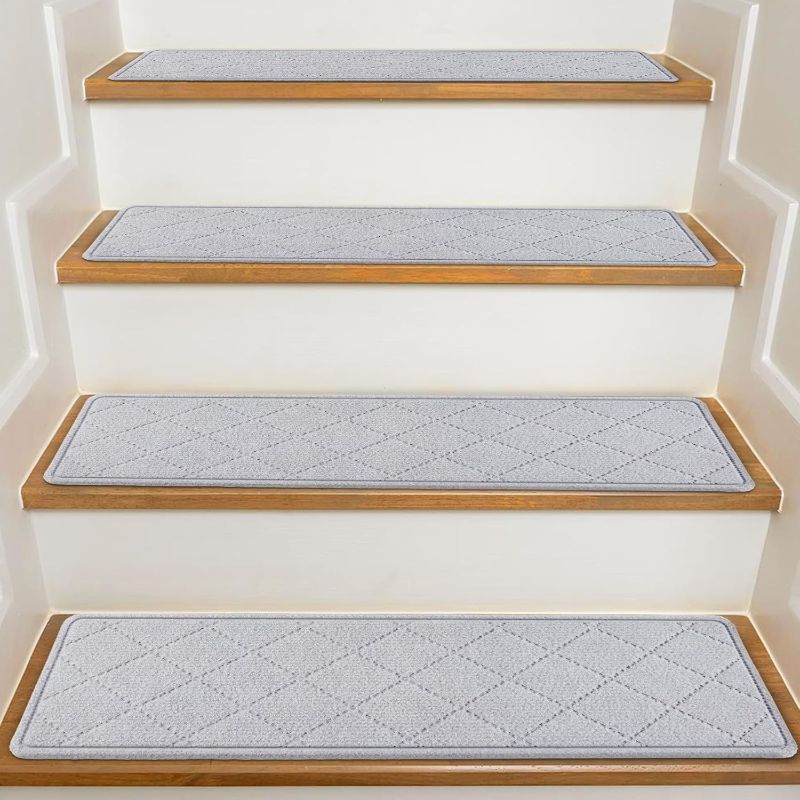 Photo 1 of Stair Treads for Wooden Steps Indoor, KOOTETA 15 Pack 8" X 30" Non Slip Carpet Stair Treads with Reusable Adhesive for Kids Elders and Dogs, Surface Polyester TPR Backing Stair Rugs, Grey
