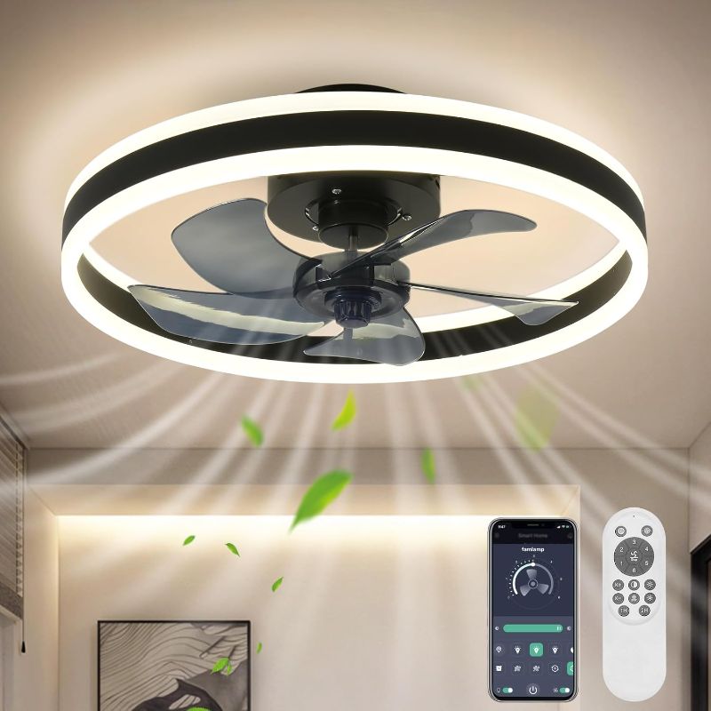 Photo 1 of KINDLOV 19.7" Ceiling Fan with Light,6 Speeds Flush Mount Modern Ceiling Fans with Lights - for Bedroom, Living Room,and Kitchen Dimmable Ceiling Fan,Black
