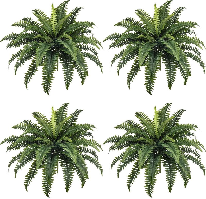 Photo 1 of 35" Fake Ferns, 4 Large Artificial Bonston Ferns Bushes Plants with 39 Fronds for Outdoors Garden Patio Porch Entrance Low Maintain Home Decor
