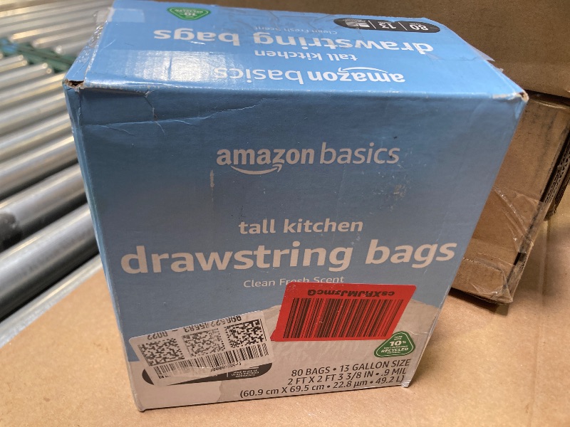 Photo 1 of Amazon Basics 13 Gallon Tall Kitchen Drawstring Trash Bags, Clean Fresh Scent, 10% Post Consumer Recycled, 80 count