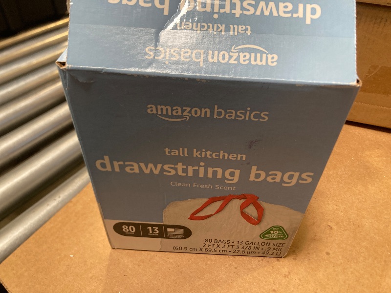 Photo 1 of Amazon Basics 13 Gallon Tall Kitchen Drawstring Trash Bags, Clean Fresh Scent, 10% Post Consumer Recycled, 80 count