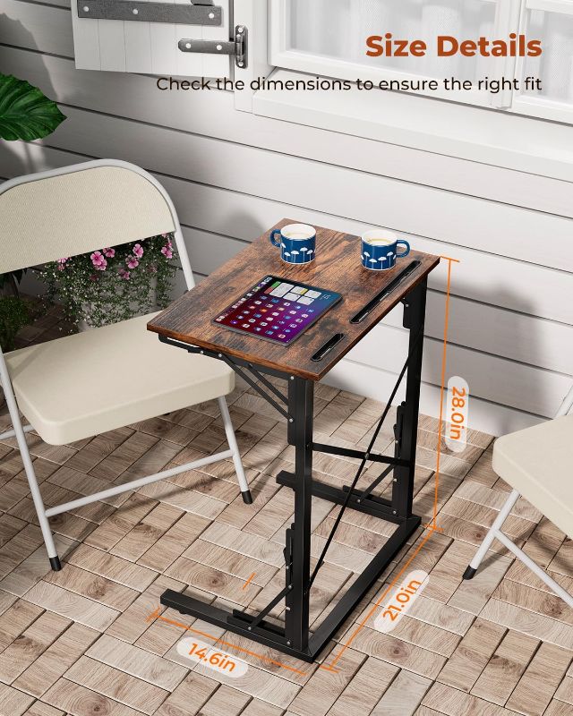 Photo 1 of 21''Wx28''H Folding TV Tray, Small Foldable C-Shaped End Table for Eating with Tablet and Phone Slots, Slide Under Couch Side Table for Recliner, Living Room, Bedroom, Rustic Brown
