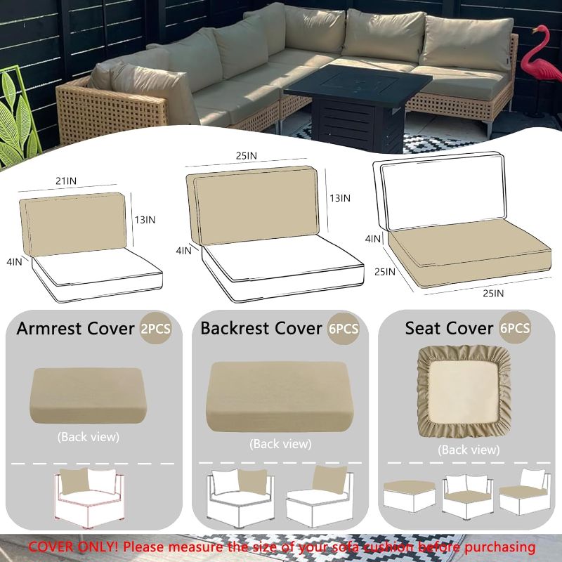 Photo 1 of Sqodok Outdoor Cushion Covers 14Pcs Patio Cushion Slipcovers, Replacement Waterproof with Zipper for 6-Seaters Sofa, Outdoor Furniture Cushion Slipcovers Set Seat and Back, Covers Only, Tan
