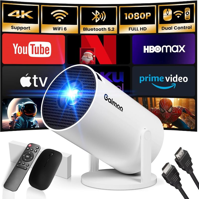 Photo 1 of [Built-in App] Mini Projector 1080P FHD 4K Support Projector with Mouse Portable Projector with WiFi and Bluetooth 180° Adjustable Auto Keystone HDMI/TV Stick/PS5/Laptop, with HDMI Cable & Mouse
