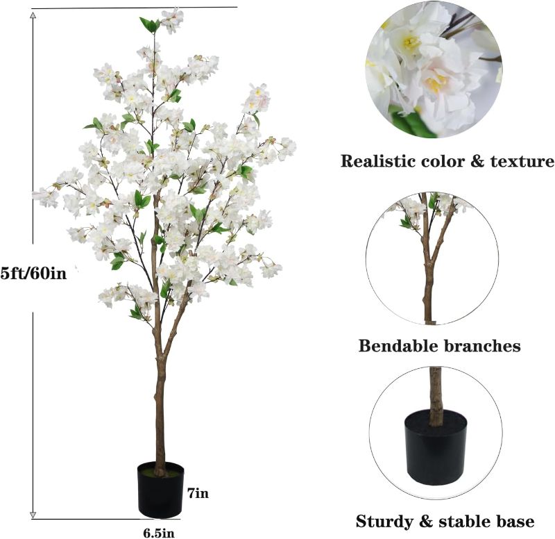 Photo 1 of 5FT Artificial Cherry Blossom Tree, Realistic White Cherry Plant in Pot for Indoor Decor, Garden, Office, Wedding & Party
