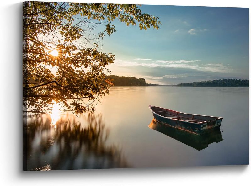 Photo 1 of  24L" x 16W"the stream design Lake Landscape Canvas Wall Art: Sunset Nature Scenery Picture Painting Print Decor Relaxing Boat Water Artwork for Bedroom Living Room Home Office Decoration
