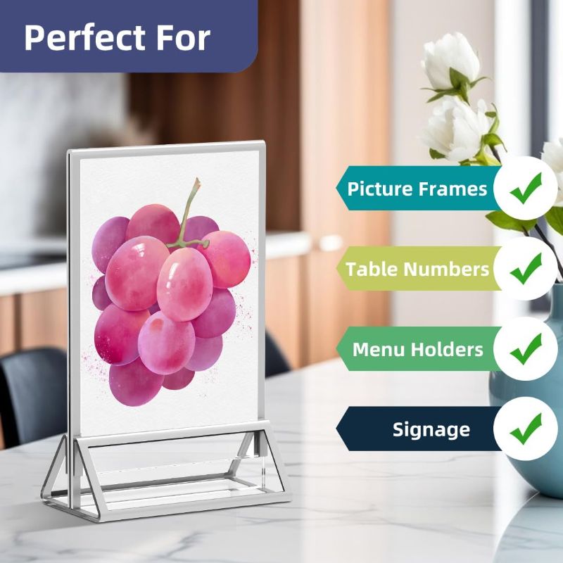 Photo 1 of 4pcs only PPH-Sisy Clear Acrylic Sign Holder 5X7 with Silver Borders Display Stand, Double Sided Acrylic Picture Frames Plastic Sign Holder for Wedding Table Numbers Menu Holder  