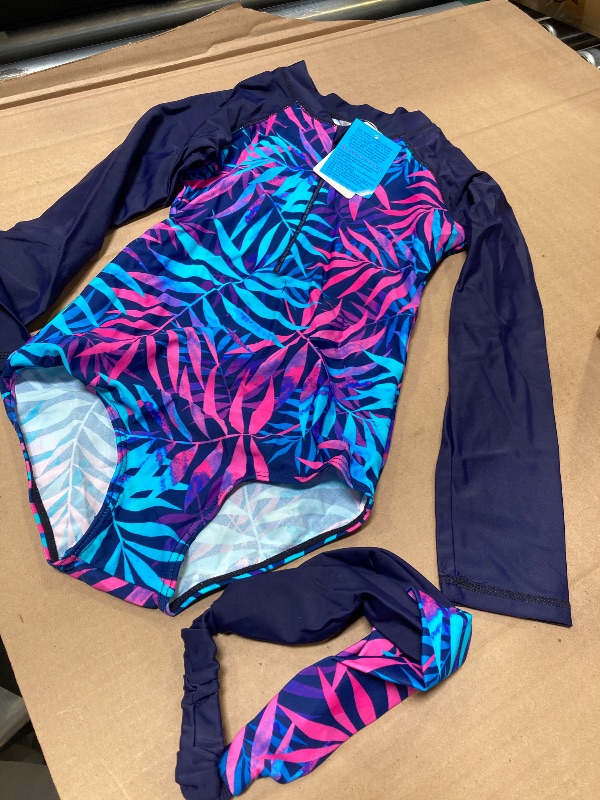 Photo 1 of Girls Long Sleeve Swimsuit One Piece Rashguard Swimwear UPF 50+ Sun Protection with Hairband S429_NavyLeaves_140/146