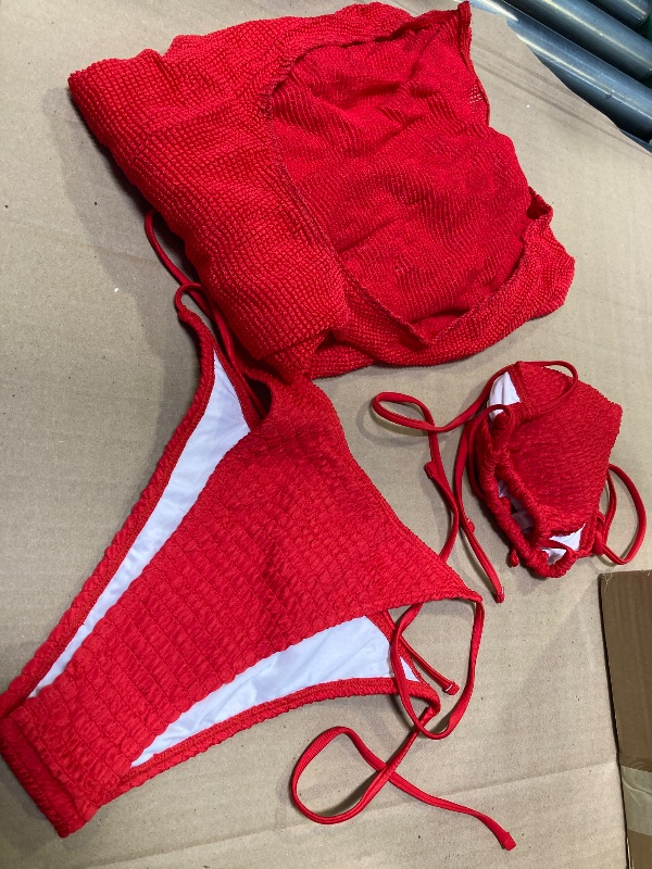 Photo 1 of L---Lilosy Sexy Long Sleeve Mesh Sheer Beach Swim Cover Up Dress Bikini 3 Piece Women Drawstring Swimwear Swimsuit String Bathing Suit Set Fishnet Solid Red L