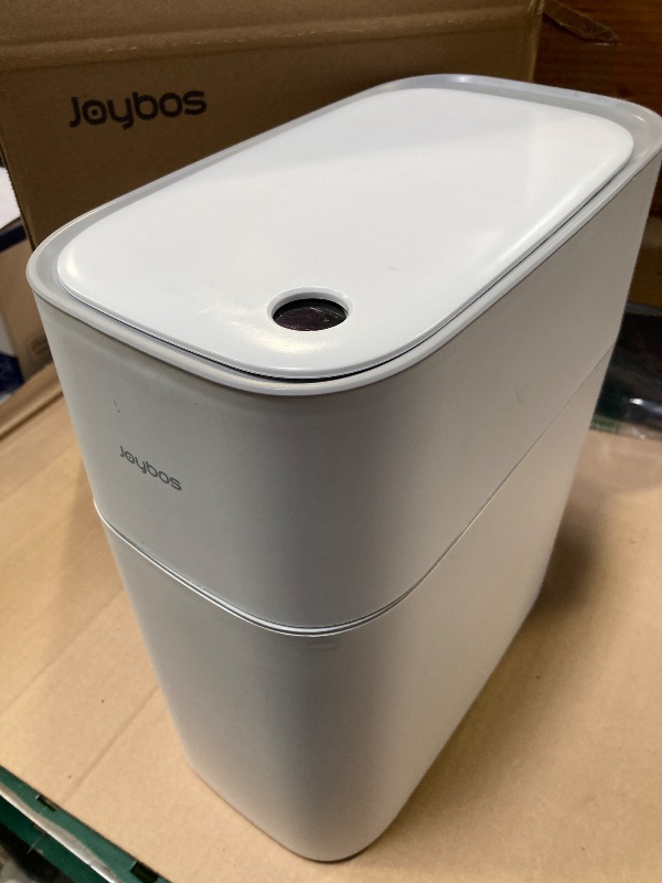 Photo 1 of JOYBOS Trash Can with Lid Automatic Garbage Can, 3.8 Gallon Slim Small White Plastic Smart Trash Bin, Narrow Motion Sensor for Bedroom, Bathroom, Toilet Office