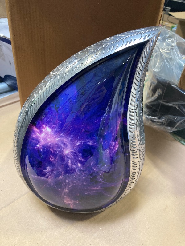 Photo 1 of M MEILINXU Cremation Urns for Human Ashes Adult Female & Male, Urn for Ashes for Women & Man, Aurora Borealis Teardrop, Funeral Decorative Engraving, Purple and Blck, Cosmic Galaxy Tear Drop - Large