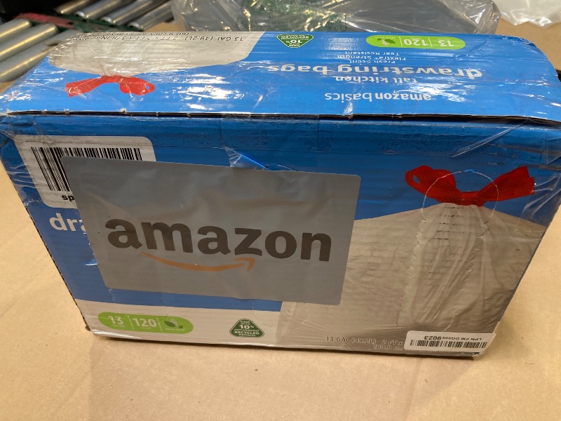 Photo 1 of Amazon Basics 13 Gallon Flextra Strength Tall Kitchen Drawstring Trash Bags, Clean Fresh Scnet, Tear Resistant, 10% Post Consumer Recycled, 90 Count