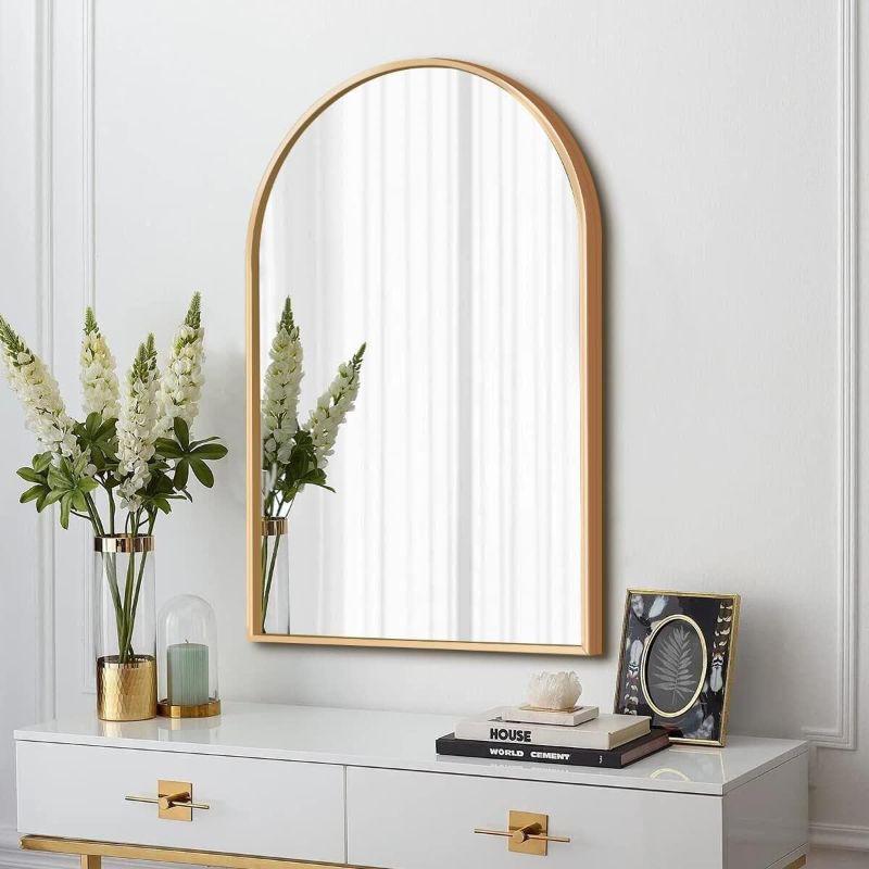 Photo 1 of Arched Wall-Mounted Mirror, 24"x36" Arch Bathroom Mirror, Gold Vanity Mirror for Wall Décor, Wall Mirror with Metal Frame for Bedroom, Entryway, Living Room, Brushed Gold
