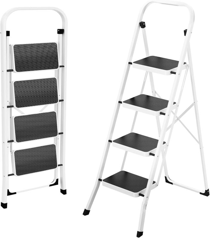 Photo 1 of HBTower Step Ladder 4 Step Folding Ladder, Lightweight Portable Stepladder with Anti-Slip Pedal, Ladders with Convenient Handrails,330 lbs Capacity Step Stool for Kitchen, Home,White
