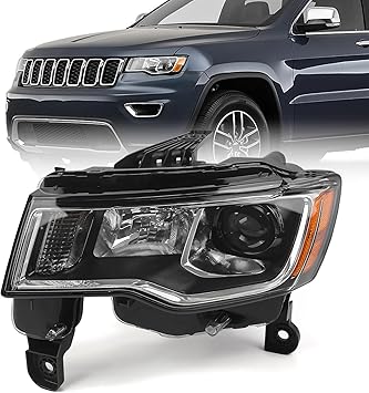 Photo 1 of FIONE Halogen Headlight Assembly Compatible with Jeep Grand Cherokee 2017 2018 2019 2020 2021 Replacement Headlamp with Chrome Housing White Left Driver Side LH
