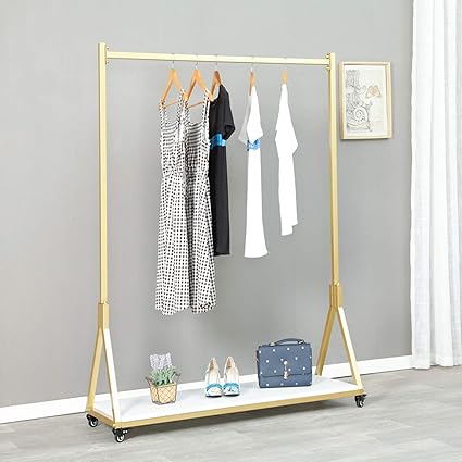 Photo 1 of Modern Simple Heavy Duty Metal Rolling Garment Rack with Wheel,Retail Display Clothing Rack with Wood, Single Rod Floor-Standing Hangers Clothes Shelves (Gold Square Tube B, 39 L)