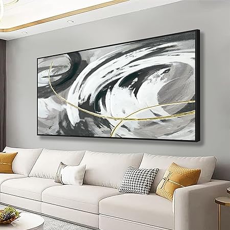 Photo 1 of Abstract Canvas Wall Art Modern Black And White Graffiti Golden Lines Simple Art Modern Abstract Artwork Canvas Prints Minimalist Artwork Decor Large Size For Living Room Bedroom Corridor Framed 29" X 58"