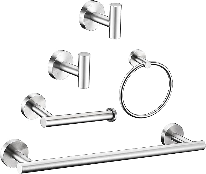Photo 1 of 5 Pieces Brushed Nickel Bathroom Hardware Set Include 16inch Towel Bar,2pcsTowel Hooks, Toilet Paper Holder, Hand Towel Ring Round SUS304 Stainless Steel Bathroom Accessories Set Heavy Duty Wall Mounted