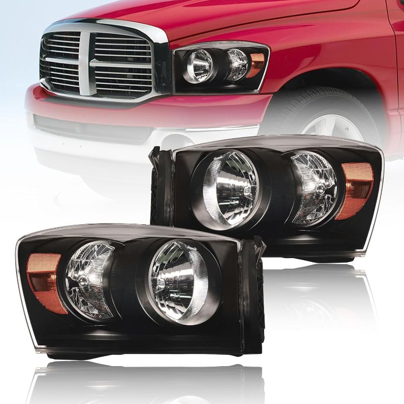 Photo 1 of Headlights Compatible with 2006-2008 Dodge Ram 1500/2006-2009 Dodge Ram 2500 3500(Fits Models with Halogen Headlamps Only) Left Right Side Amber Reflector Black Housing