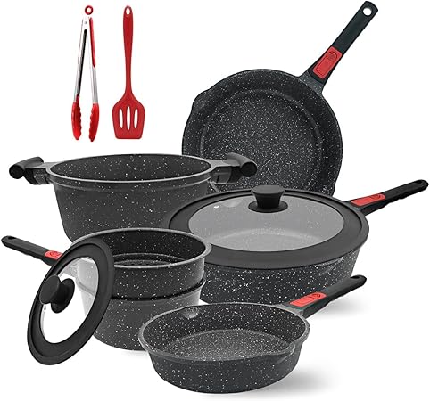 Photo 1 of 10 Pcs Pots and Pans Set Nonstick, Cast Aluminum Kitchen Cookware Set with Lid/Frying Pans & Saucepans with Detachable Handle, Oven & Dishwasher Safe (Black)