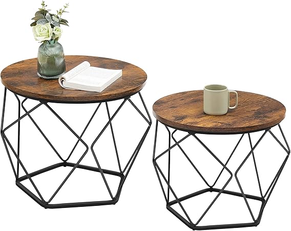 Photo 1 of VASAGLE Small Coffee Table Set of 2, Round Coffee Table with Steel Frame, Side End Table for Living Room, Bedroom, Office, Rustic Brown and Ink Black