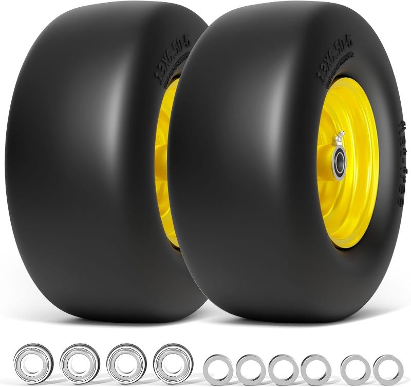 Photo 1 of 13x6.50-6 Flat Free Tires, Zero Turn Mower Assembly for Commercial Garden Lawns, Front Solid 13x6.50-6 Lawn Mower Tires with 3/4" & 1/2" & 5/8" Bearing, 5.5"-7.5" Center Hub, 2 Pack, Yellow
