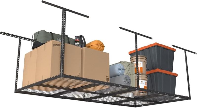 Photo 1 of 4ftx4ftx8ft Overhead Garage Storage Rack, Heavy-Duty Metal Garage Ceiling Storage Rack, Adjustable Ceiling Drop-Down, 250 lb. Loading Weight Capacity, Black