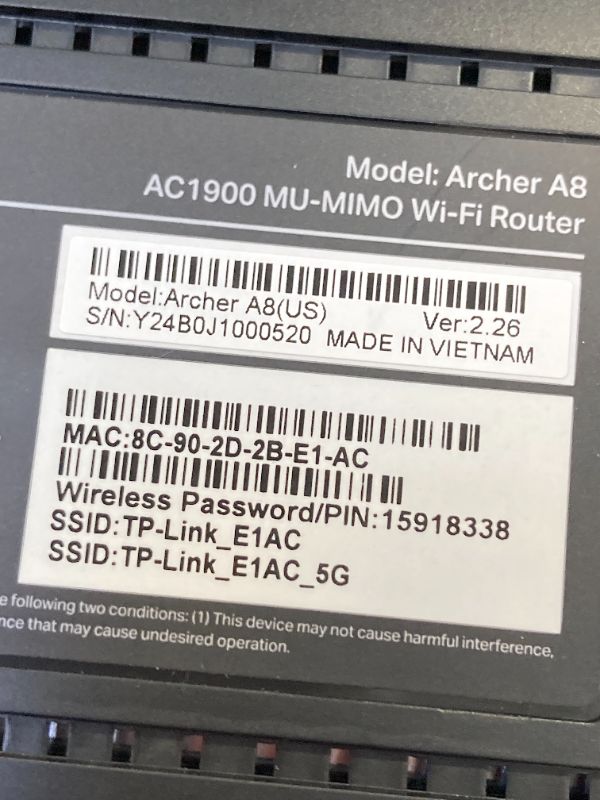 Photo 1 of TP-Link AC1900 Smart WiFi Router (Archer A8) -High Speed MU-MIMO Wireless Router, Dual Band Router for Wireless Internet, Gigabit, Supports Guest WiFi