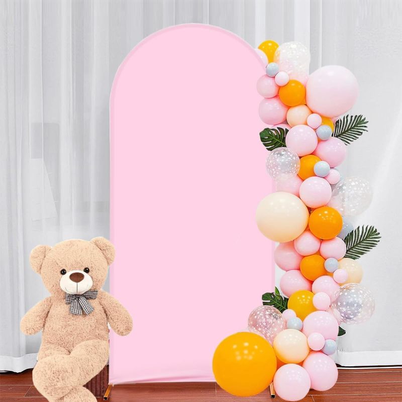 Photo 1 of Albassa Arch Backdrop Cover 2-Sided Spandex Fitted Round Top Chiara Backdrop Frame Stand Cover for Baby Shower Birthday Party Wedding Decoration ( pink , 7.2FT)