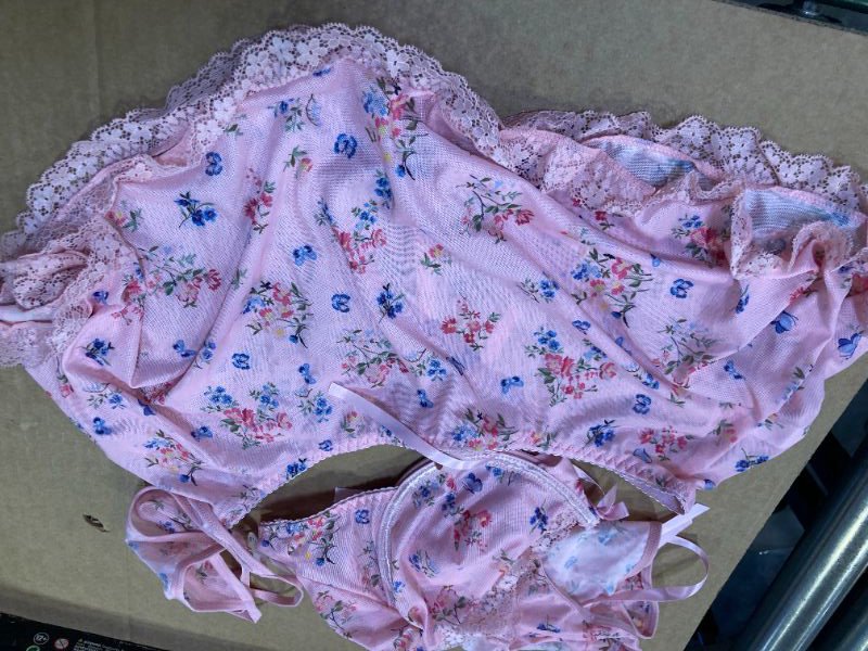 Photo 1 of RoseSeek Women's Lace Trim Floral Underwire Lingerie Sets Cute Sheer Babydoll Lingerie Skirts Chemise Sleepwear Set Pink X-Large