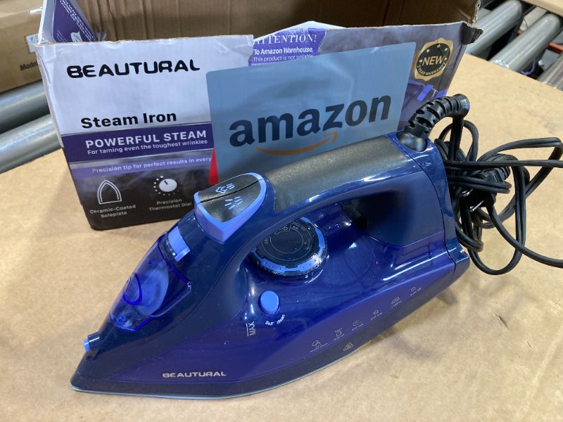 Photo 1 of BEAUTURAL Steam Iron for Clothes with Precision Thermostat Dial, Ceramic Coated Soleplate, 3-Way Auto-Off, Self-Cleaning, Anti-Calcium, Anti-Drip Blue