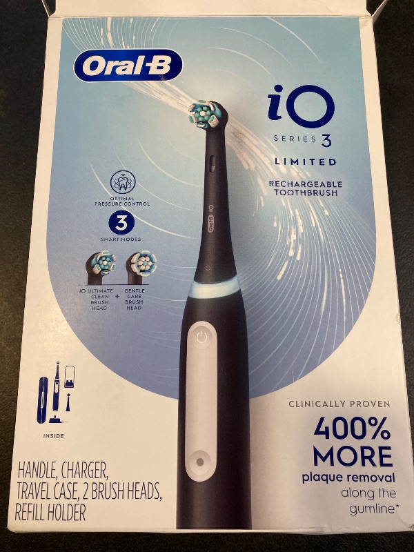Photo 1 of Oral-B iO Deep Clean Rechargeable Electric Powered Toothbrush, Black with iO Series 3 Limited, 2 Brush Heads and Travel Case - Pressure Sensor to Protect Gums - 3 Cleaning Settings - 2 Minute Timer