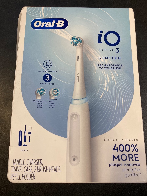 Photo 1 of Oral-B iO Deep Clean Rechargeable Electric Powered Toothbrush, White with iO Series 3 Limited, 2 Brush Heads and Travel Case - Pressure Sensor to Protect Gums - 3 Cleaning Settings - 2 Minute Timer