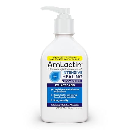 Photo 1 of AmLactin Intensive Healing Body Lotion for Dry Skin, 7.9 oz Pump Bottle, 2-in-1 Exfoliator and Moisturizer with Ceramides and 15% Lactic Acid for 24-Hour Relief from Dry Skin