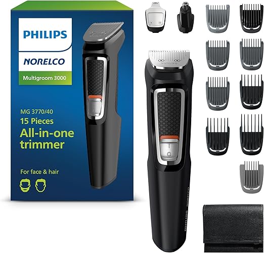 Photo 1 of Philips Norelco Multigroom 3000 Series, All-in-One Trimmer, Beard Trimmer and Hair Clipper, 15-Piece Men's Grooming Kit for Head, Beard, Face, Nose, Ears, No Blade Oil Needed, Soft Pouch, MG3770/40
