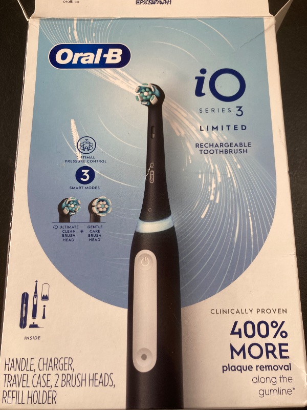Photo 1 of Oral-B iO Deep Clean Rechargeable Electric Powered Toothbrush, Black with iO Series 3 Limited, 2 Brush Heads and Travel Case - Pressure Sensor to Protect Gums - 3 Cleaning Settings - 2 Minute Timer