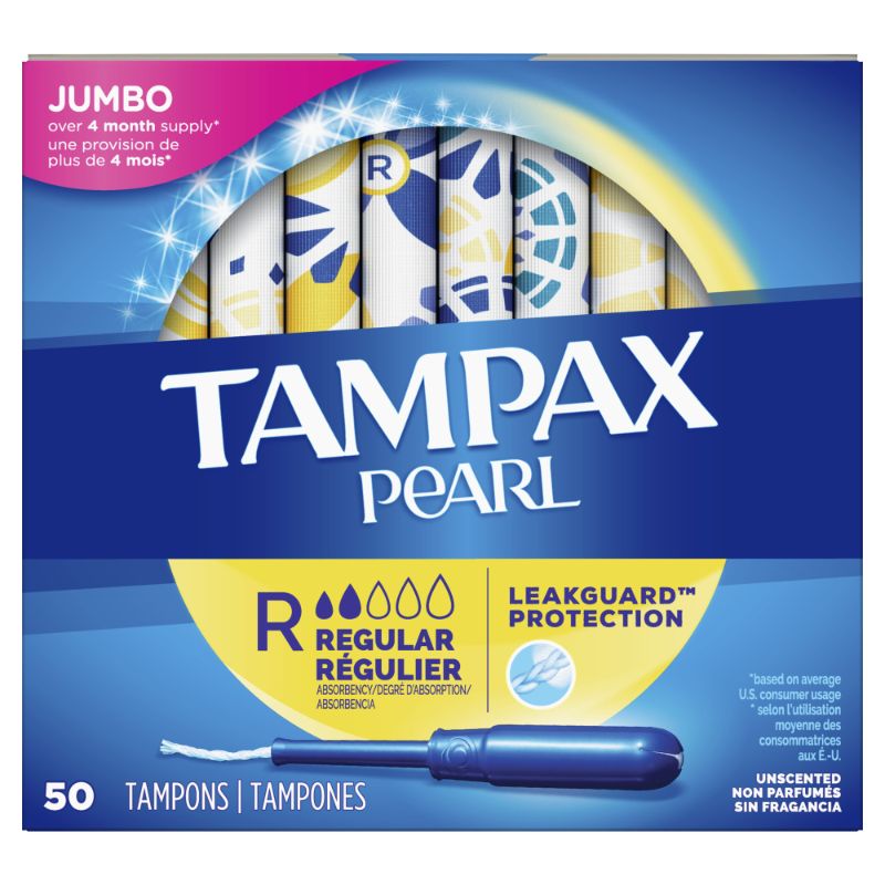 Photo 1 of Tampax Pearl Tampons Regular Absorbency, With Leakguard Braid, Unscented, 50 Count x 2 Packs (100 Count total)