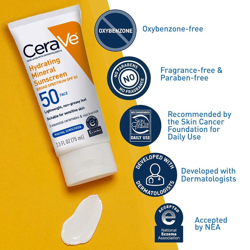 Photo 1 of CeraVe 100% Mineral Sunscreen SPF 50, Face sunscreen With Zinc Oxide & Titanium Dioxide, Hyaluronic Acid + Niacinamide + Ceramides, Oil Free, Travel Size 2.5 oz