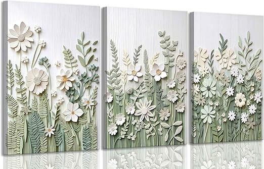 Photo 1 of 3  Pcs Sage Green Wildflowers Canvas Wall Art Neutral Minimalist Abstract Boho Floral Botanical Painting Pictures Wall Decor Poster Print Artwork for Living Room Bedroom Home Decoration