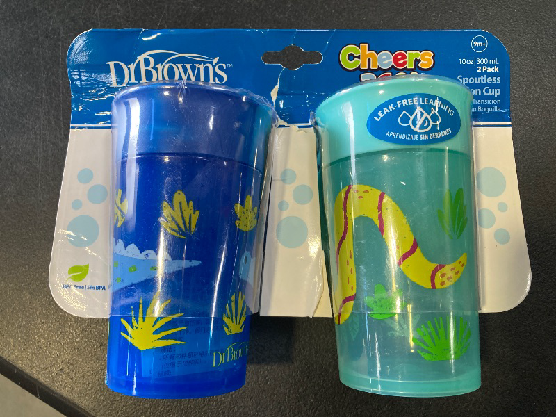 Photo 2 of Dr. Brown's Milestones Cheers 360 Cup Spoutless Transition Cup, Travel Friendly & Leak-Free Sippy Cup, Blue Alligator – Turquoise Snake, 10 oz/300 mL, 2 Pack